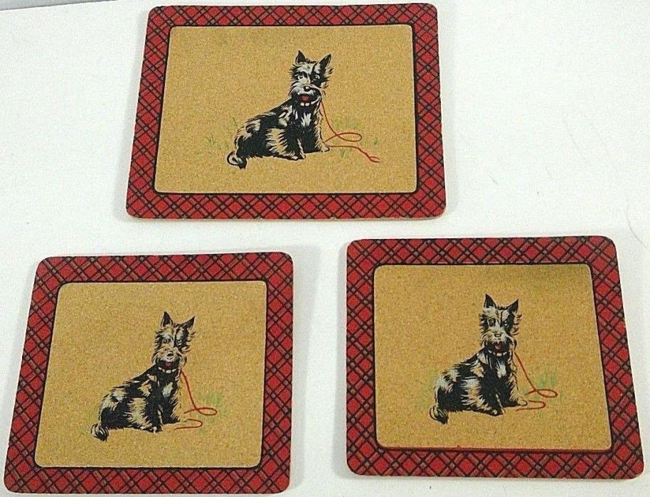 3 vintage cork trivets black scotty dogs red plaid border 7.5x6.5 & 9.5x7.5