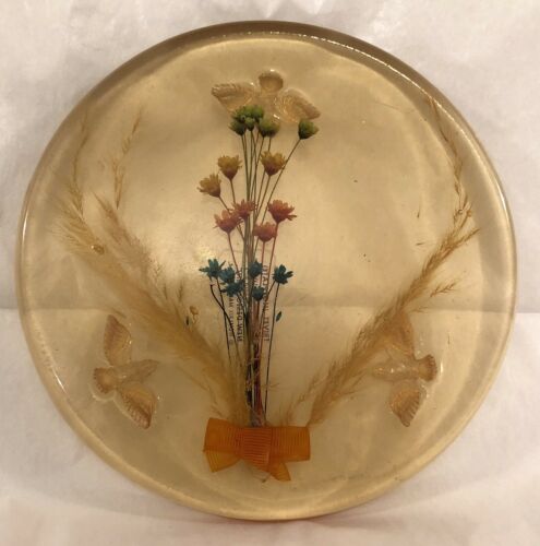 Vintage Dried Flower Acrylic Resin Trivet Hotplate w/ 3 Bird Feet Made In USA