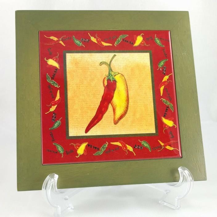 Chili Peppers Ceramic Trivet South Western Wall Hanging Footed Wood Frame