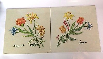 Flower trivet Set 2 Hot Plate Plaques 1971 Donald Art daffodil crewel 1970s