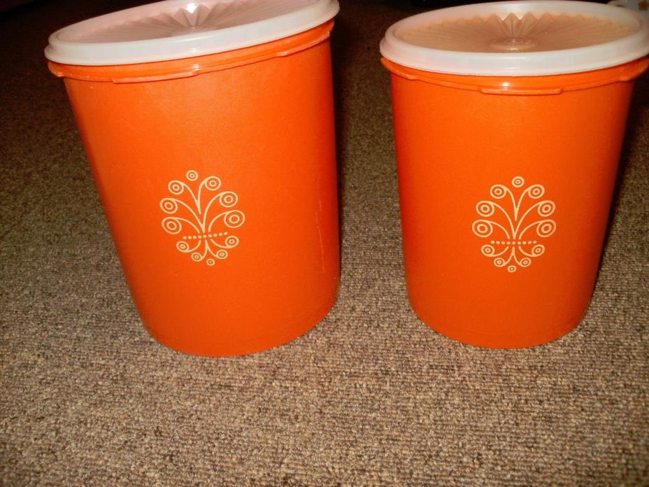 Vintage Tupperware Canisters Servalier Lot of 2 Orange Clear Tops 809-13 807-7