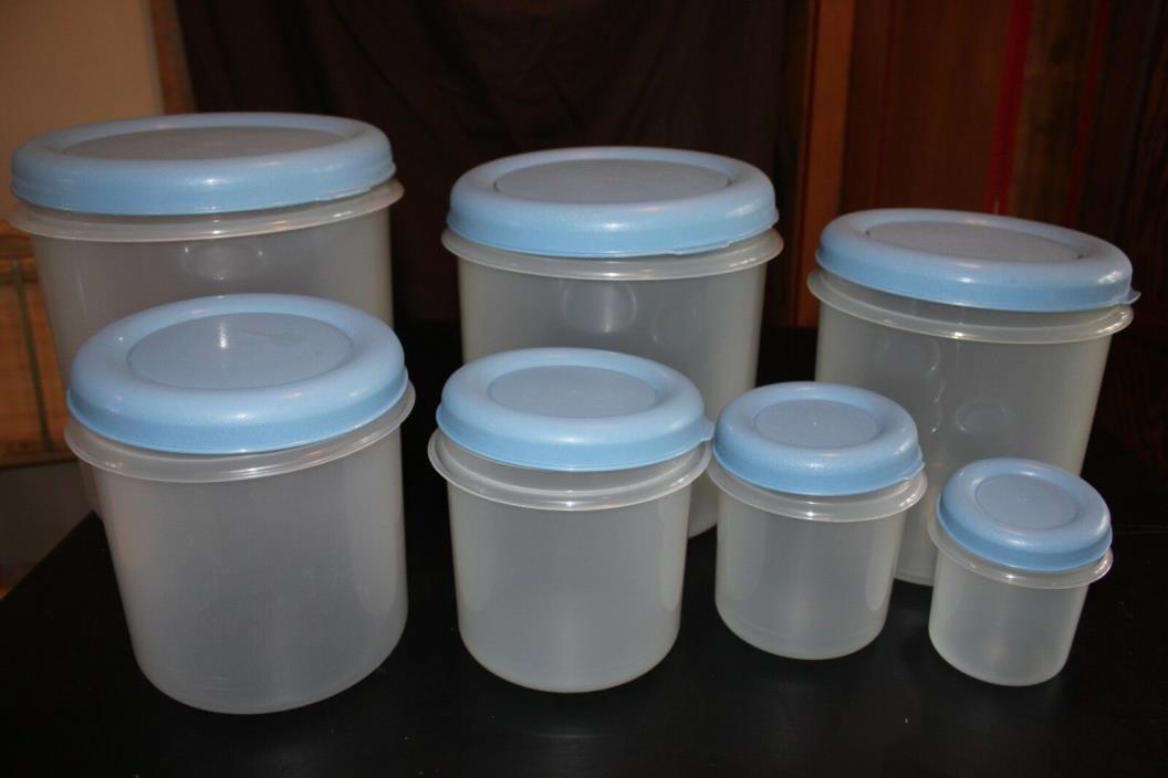 Pioneer Set 7 White Canisters/Storage Containers White/Blue Lids 4-10