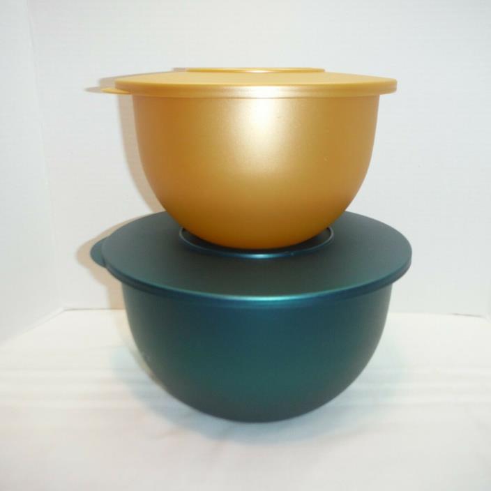 TUPPERWARE Salad mixing bowls Jewel tone Green (lg) and Gold (med.) with lids