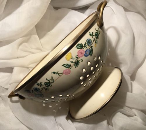 Enamel Colander, Vintage Ivory Strainer Brass Handles Pink Blue Yellow Flowers