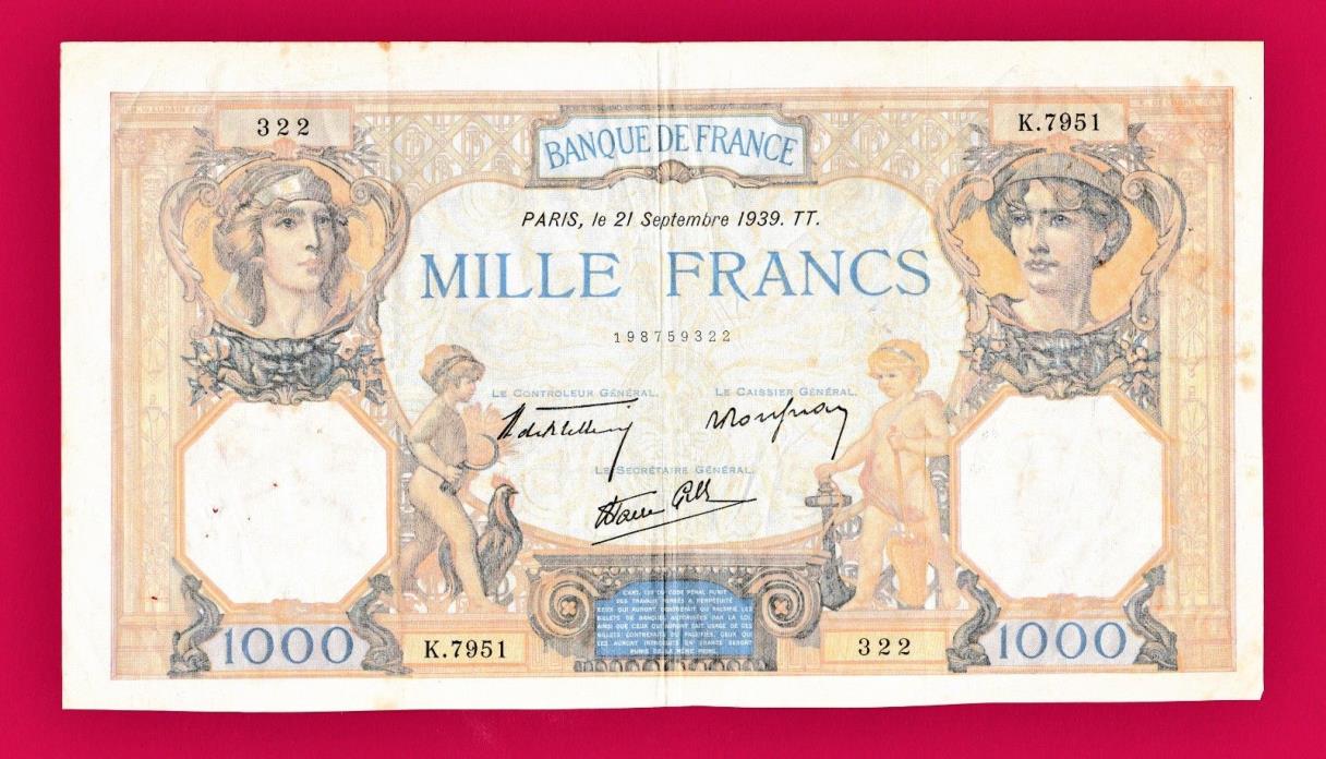 RARE - 1000 Francs 1939  (09/21/1939) Ceres and Mercury Beautiful Large Banknote