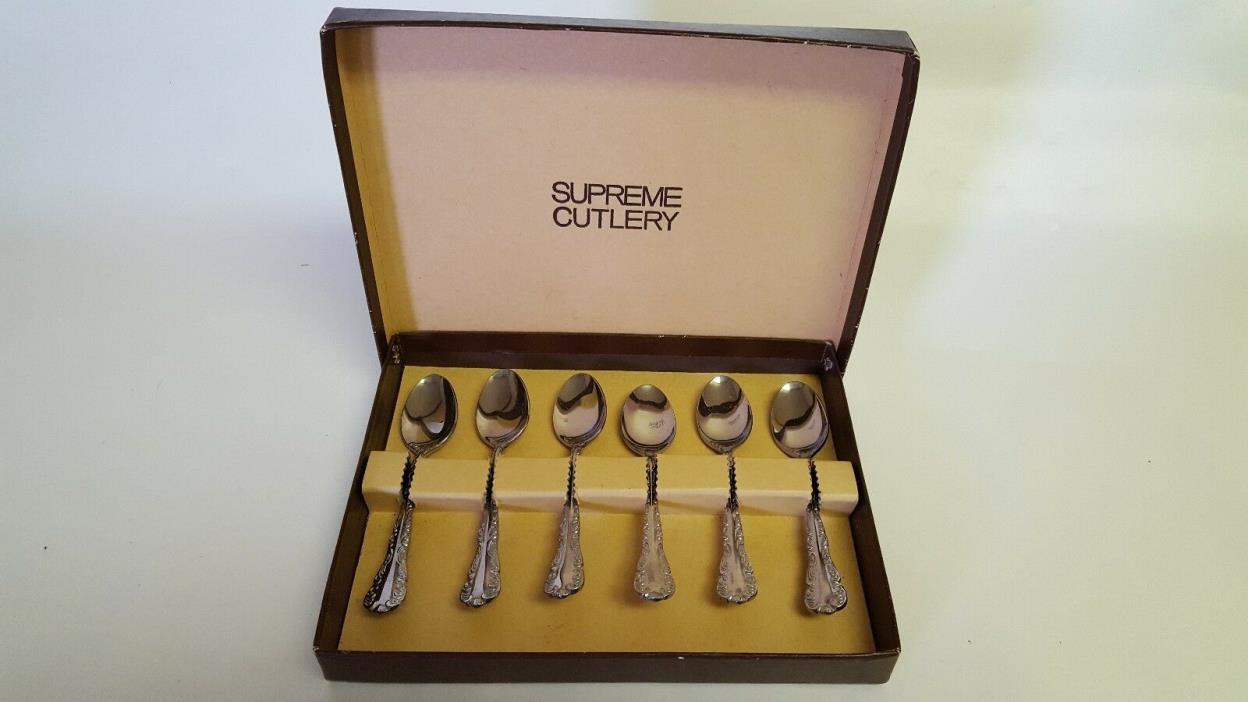 Vintage Set (6) SUPREME CUTLERY Japan Stainless Demitasse Spoons Unused in Box