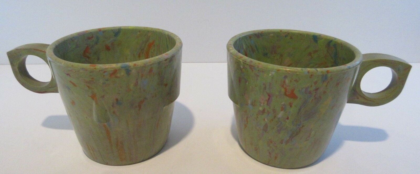 2 VTG Prolon Melamine Confetti Melmac TEXAS Ware Speckle Coffee Cups Mugs Green