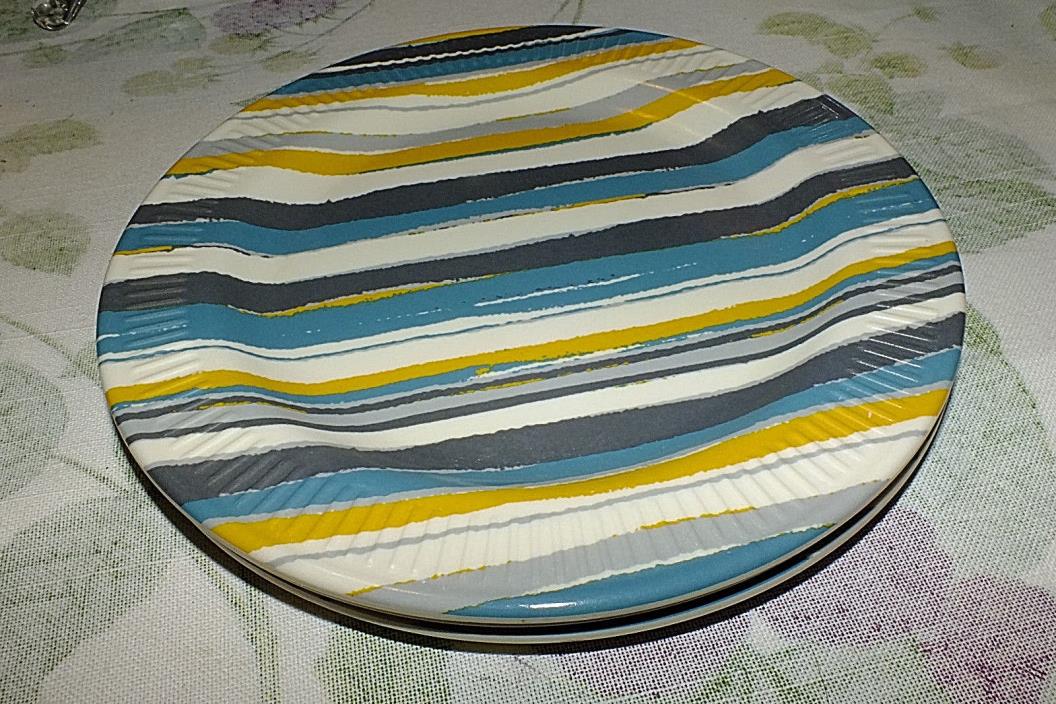 TARGET THRESHOLD MELAMINE SALAD PLATES 4 blue gray yellow white bands  EXC