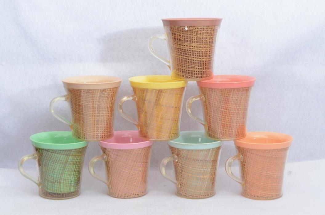 Eight (8) Vintage Plastic Raffia Ware Coffee Mugs Tiki Decor Burlap 4