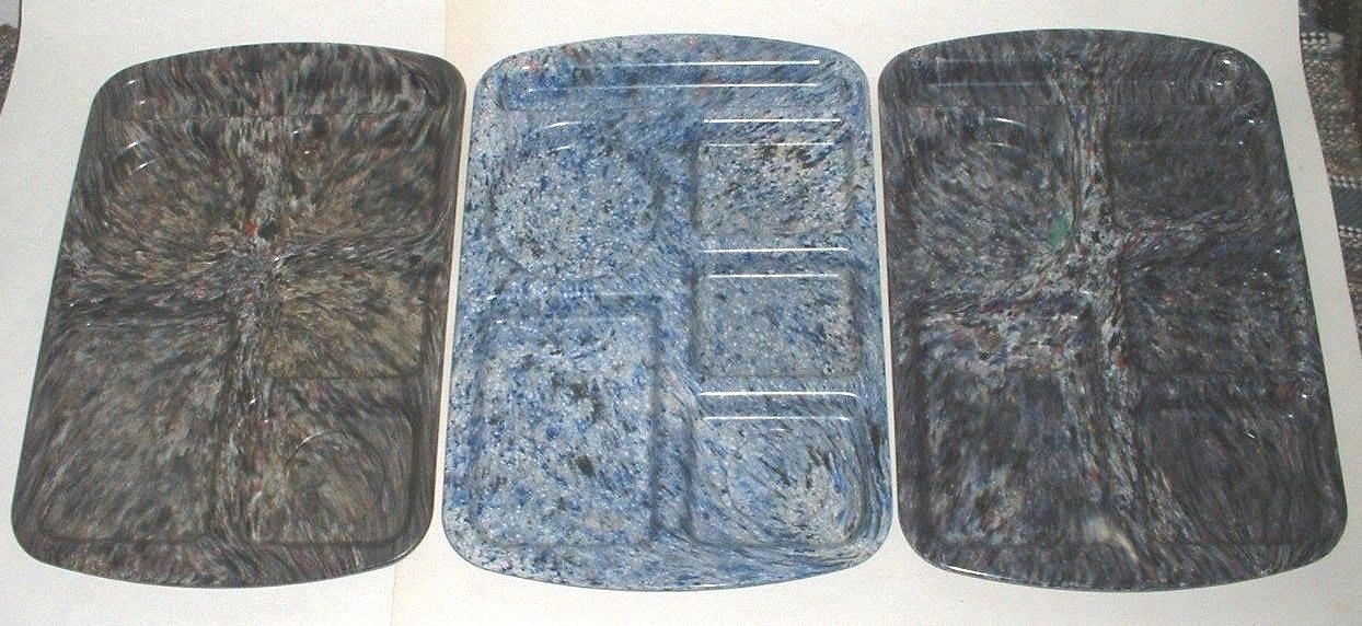 3 Vtg Sectioned School Lunch Trays Melamine Prolon Ware Melmac Marbled Confetti