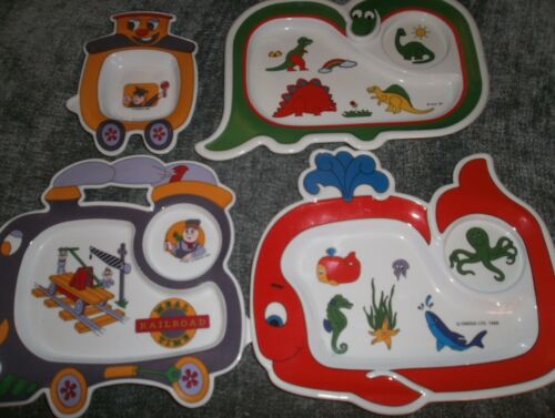 VTG ONEIDA 1994 CHILDS 4 pc Lot 3 Plastic Plates 1 Bowl RAILROAD DINOSAUR WHALE