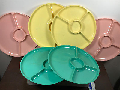 Lot (x6) Vintage 60's Pastel Pink Yellow Green Melamine Plastic Plates cafeteria