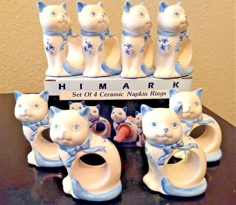 Blue and White Village Cat Napkin Rings NEW