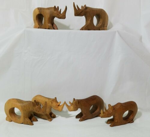 Hand Carved Wood Napkin Rings Rhinoceros Safari African Vintage Set of 6