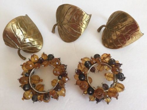 3 Brass Metal Gold Fall Leaf & 2 Beaded Cluster Napkin Rings Autumn Thanksgiving