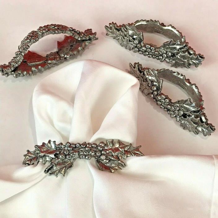 Set of 4 METZKE Pewter Napkin Rings Holly & Berries Christmas 1990 Made in USA