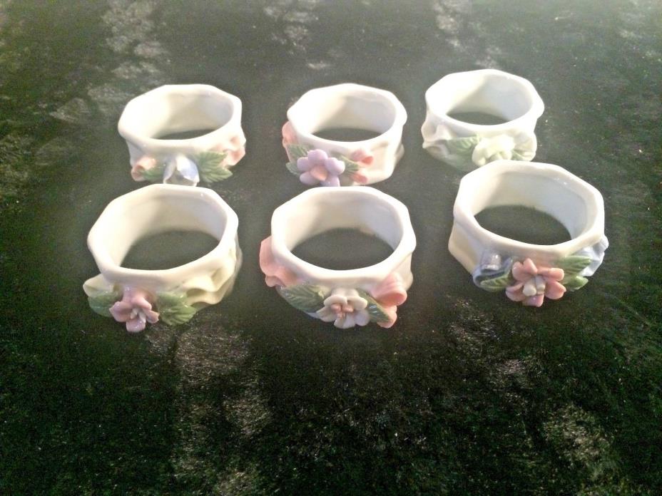 6 Vintage Bone China Napkin Ring Holders, White