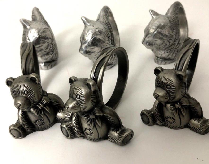 Napkin Rings Set Of 6 Cat And Teddy Bear Metal