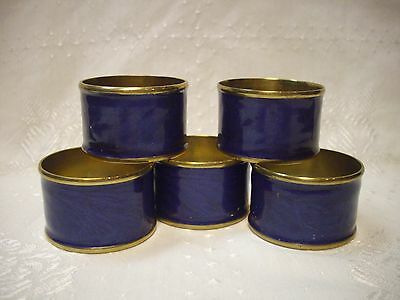 VINTAGE BLUE ENAMELED OVAL SHAPED BRASS NAPKIN RINGS FROM INDIA (X 5 SET)