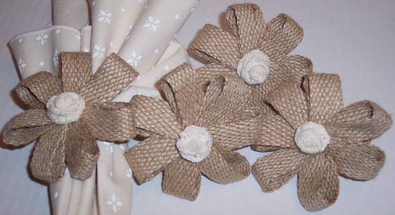 NWOT The Spring Shop Farmhouse Burlap Flowers Napkin Rings Set of 4