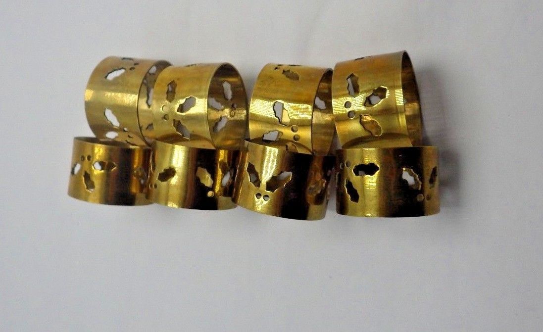 CHRISTMAS NAPKIN RINGS Set of 10 Brass TREE HOLLY CUT OUTS