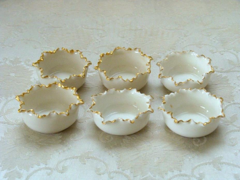 6 Willets BELLEEK Porcelain Open Salt Dip, Cellar, Dish w/Ruffled Gold Trim Rim