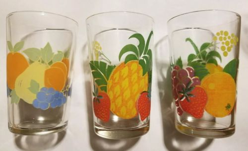 VINTAGE MORNING STAR CHINA Mixed Fruit JUICE GLASS Set of 3 Rare Multi Colors