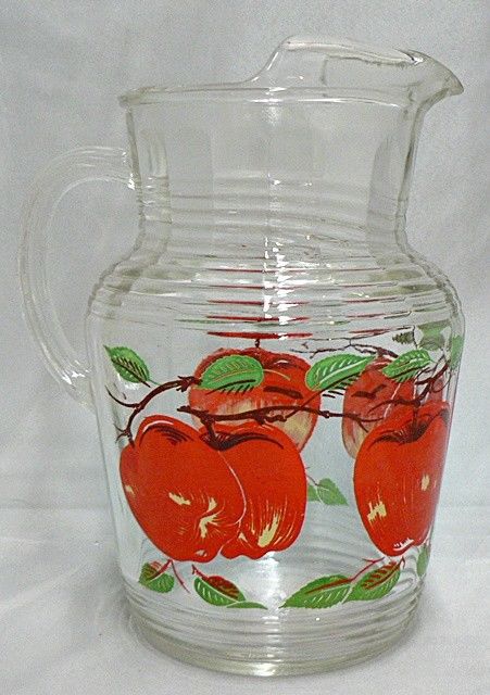 VINTAGE CLEAR GLASS WITH RED APPLES DESIGN PITCHER