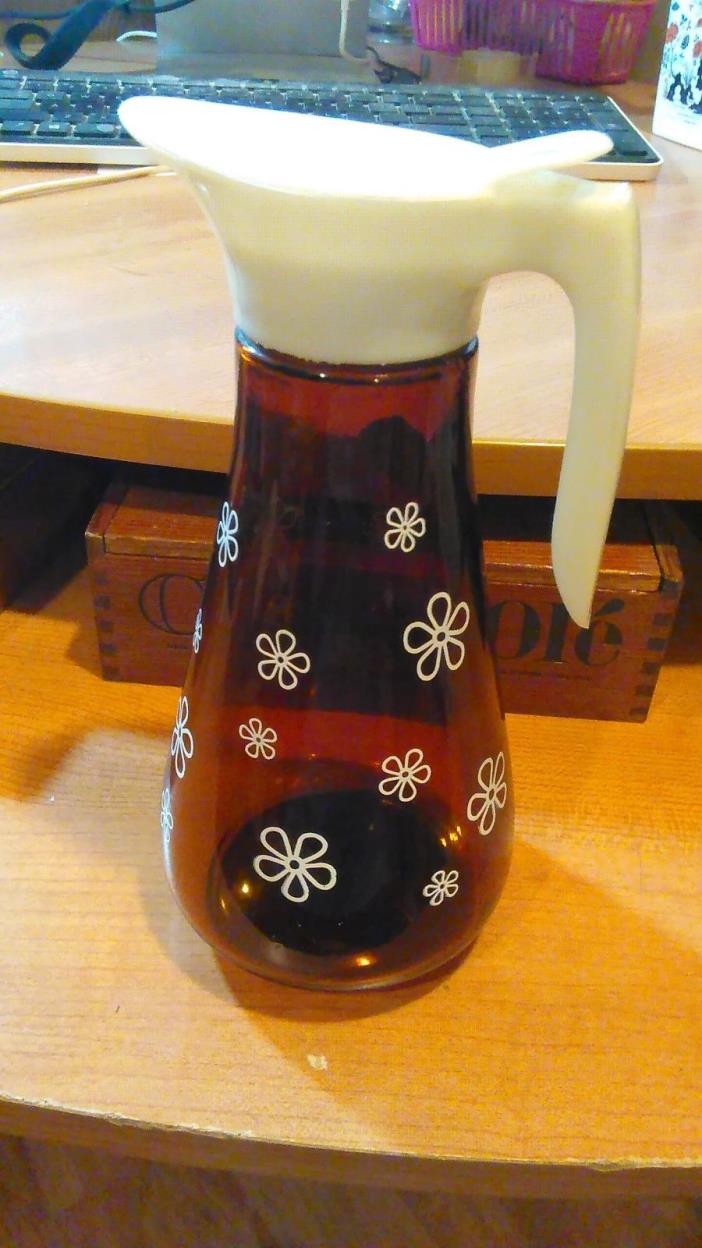 Vintage Syrup Pourer Amber Glass with white daisy flowers