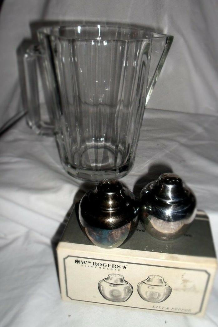 Vintage Clear Glass Water Pitcher Italy  WM Rodgers silverplate salt and pepper