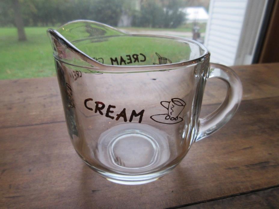 Vintage Clear Glass Cream Pitcher with Gold Graphic & 