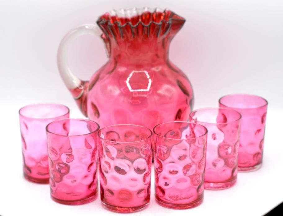 Vintage Cranberry Glass Pitcher with 6 Tumblers - Coin Spot Pattern