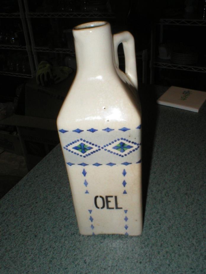 Vintage Ceramic OEL (Oil) Kitchen Bottle Blue's & Green On Off White 8 3/8