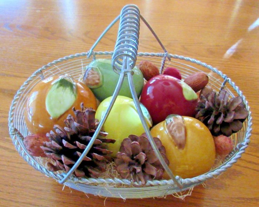 Vintage Wire Basket Ceramic Fruit Nuts Pinecones Table Decorative Centerpiece
