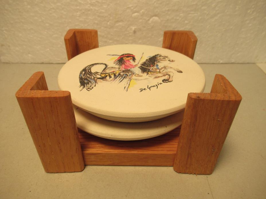 Pottery Coaster Pair With Wood Holder Set Of 2 Coasters * Free USA Shipping *