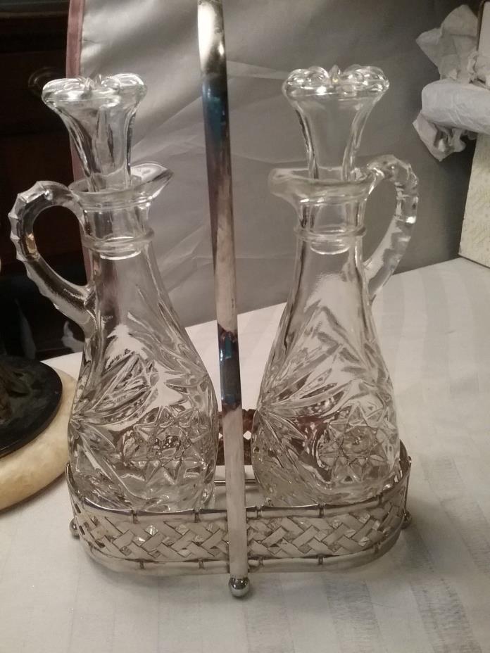 Crystal Oil and Vinegar Set in Metal Holder