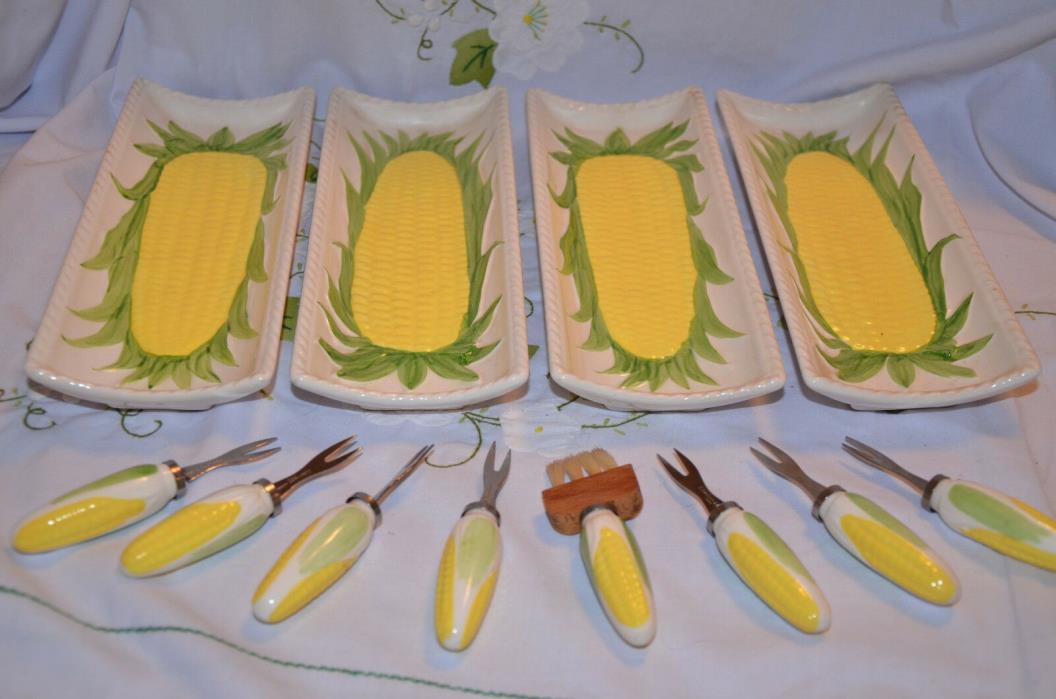 4 vintage corn on the cob individuak dishes & 7 Holders set with Japan stickers
