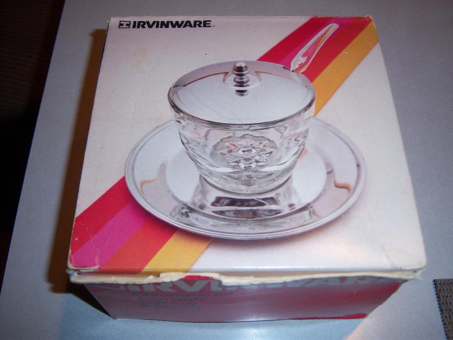VTG  IRVIN CHROMEWARE JAM ETCHED GLASS DISH WITH TRAY & SPOON Condiment Jar Dish