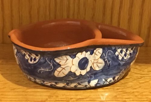 Olive Dish, PORTUGAL. Hand-Painted, Glazed Terracotta. Blue Floral Pattern