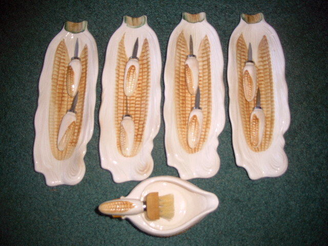 Set of 4 Corn Ear Trays & Butter Pitcher + Holders & Butter Brush