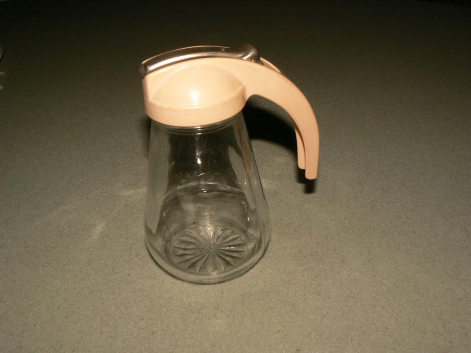 Vintage 1950s Pink Top Glass Syrup Pitcher Dispenser Kitchen Collectible