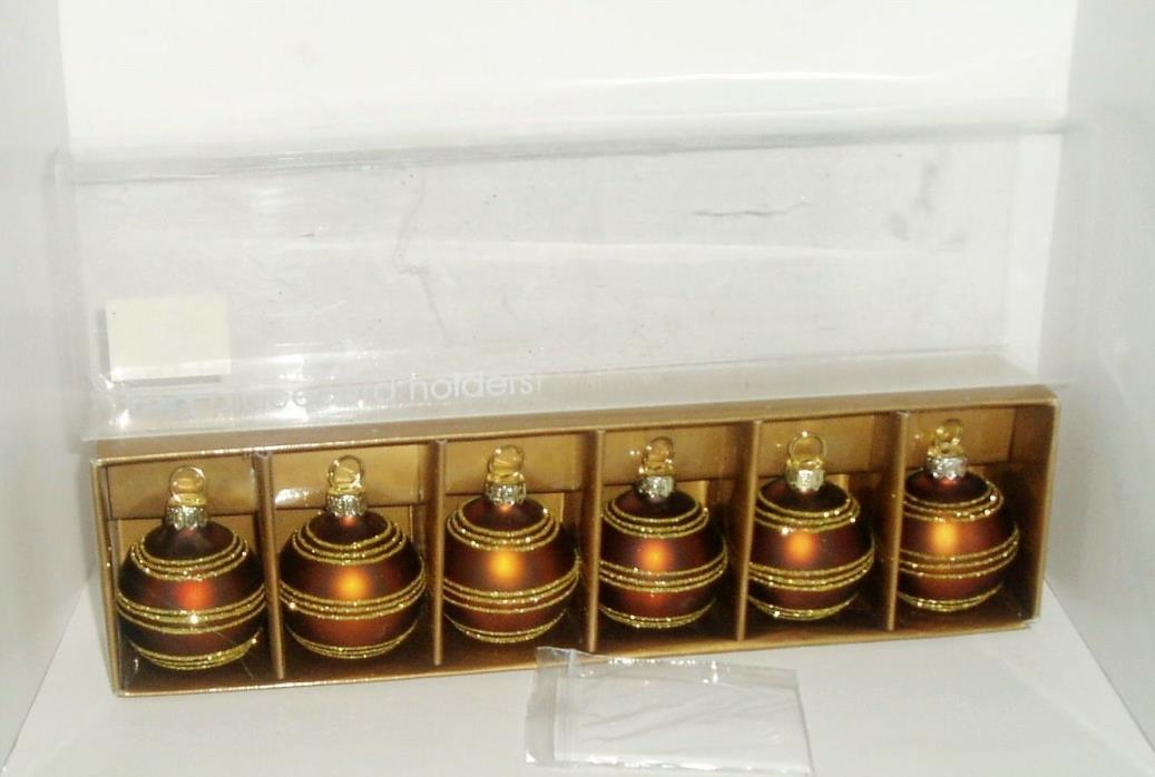 New in Box Set of 6 TAG Placecard Holders ~ Round Ball Brown with Gold Glitter