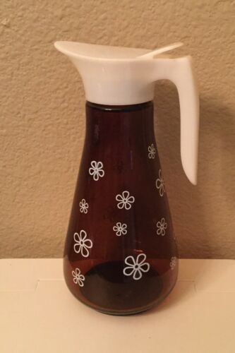 Vintage Syrup Container/Dispenser Brown Glass With Flowers Off-white Plastic Top