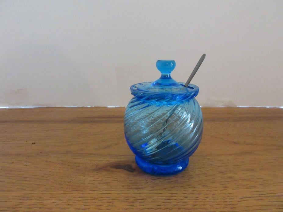 BLUE GLASS JAR COMDIMENT MUSTARD WITH SILVERPLATE SPOON VTG SWIRL GLASS UNUSED