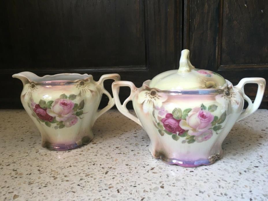 German Lusterware Floral Cream and Sugar