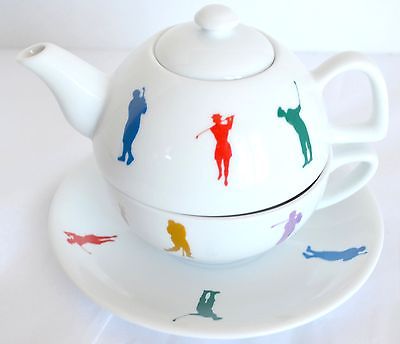 House of Prill Single Serve Stacking Teapot Cup Saucer Set Women Men Golf Swing