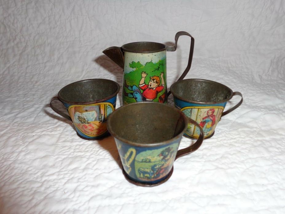 Rare Miniature Lot of 4 Tin Lithograph Cups & Pitcher, Nursery Rhymes
