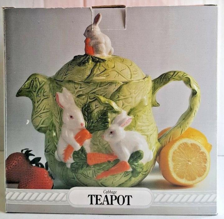 White Bunnies W/Carrots on Cabbage Teapot - Home Trends 