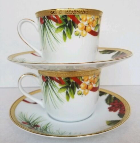 2 Charter Club Home Holly & Pine Tea Cup Sets with Gold Trim