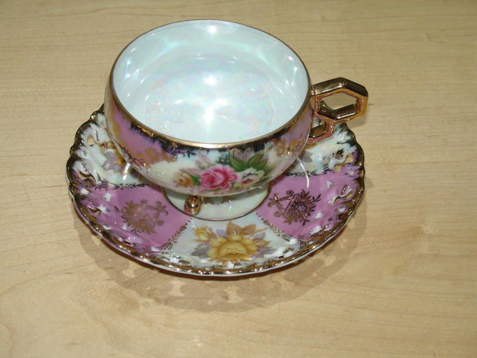 Shafford Tea Cup And Saucer Gold Trim Pink/Gold/Yellow Roses Claw Leg Footed